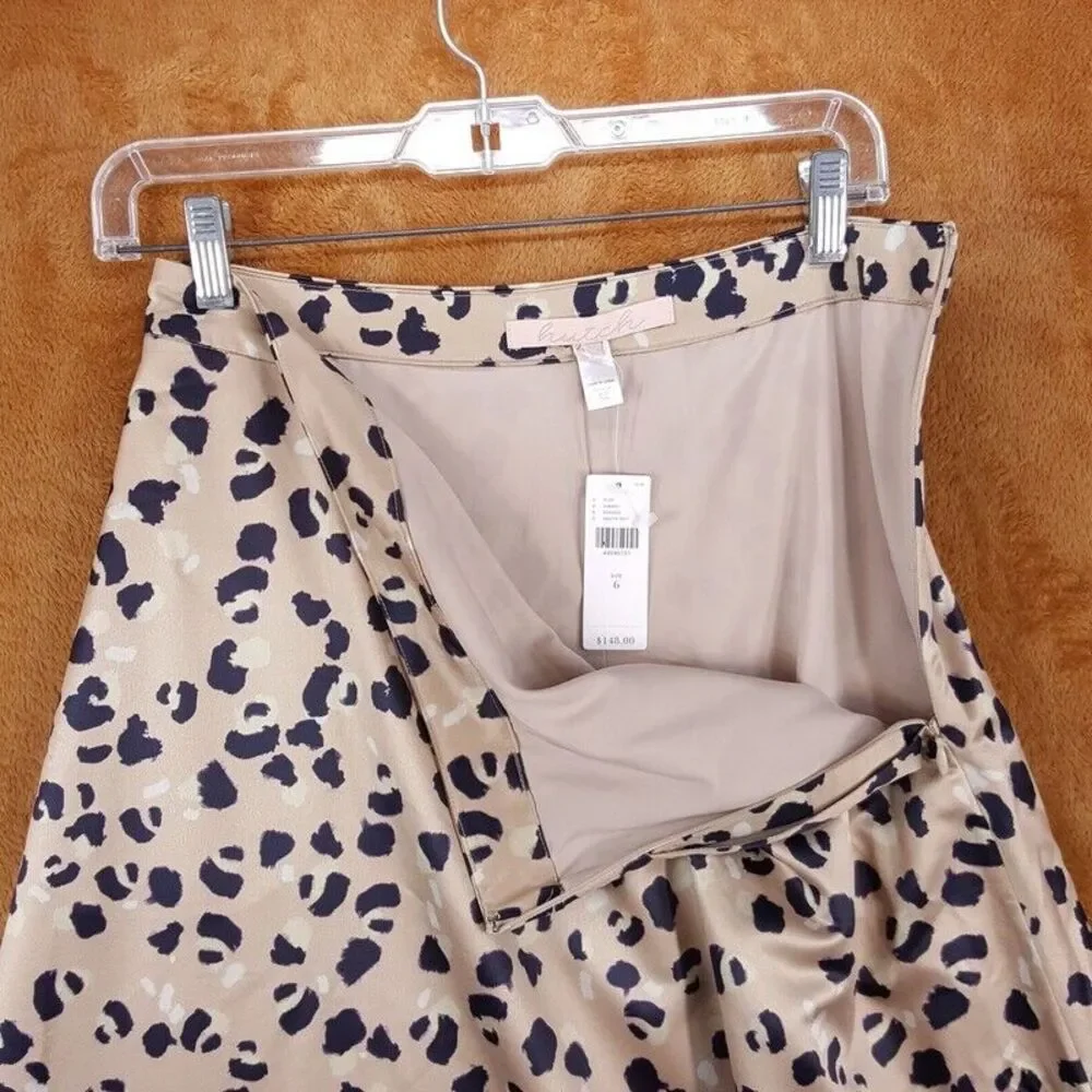 HUTCH Skirt Womens Size 6 Tan Satin Midi Pockets Lined Cheetah Leopard $148